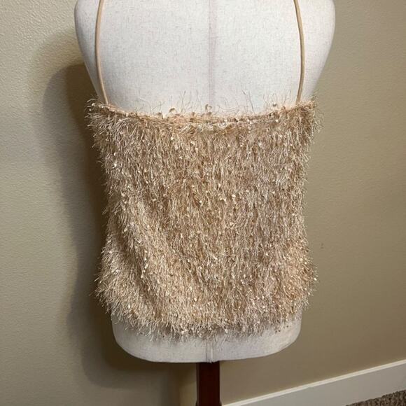 Solution top shimmery gold fluffy fringy feminine spaghetti strap lined Sz L - Picture 4 of 10